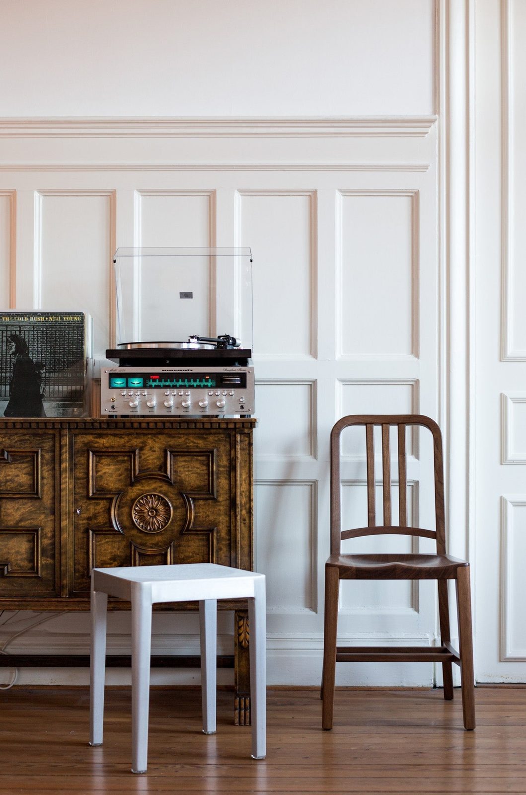 1006 Navy Wood Chair by Emeco, in situ